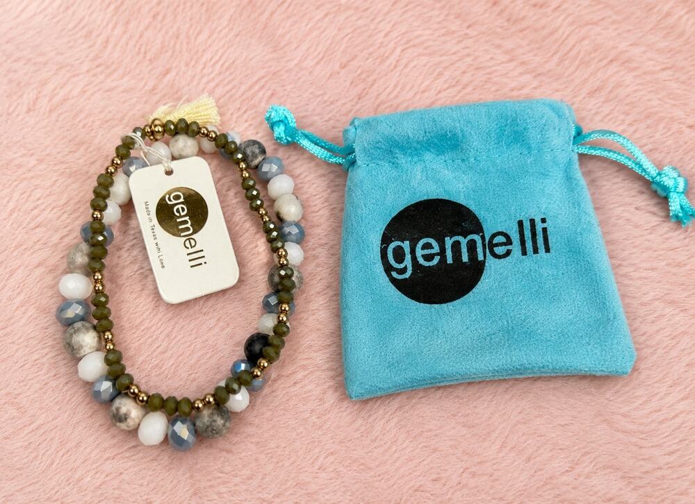 Gemelli Izzy Crystal Beaded Stretch Bracelet Set Cream Tassel Gray Olive Boho